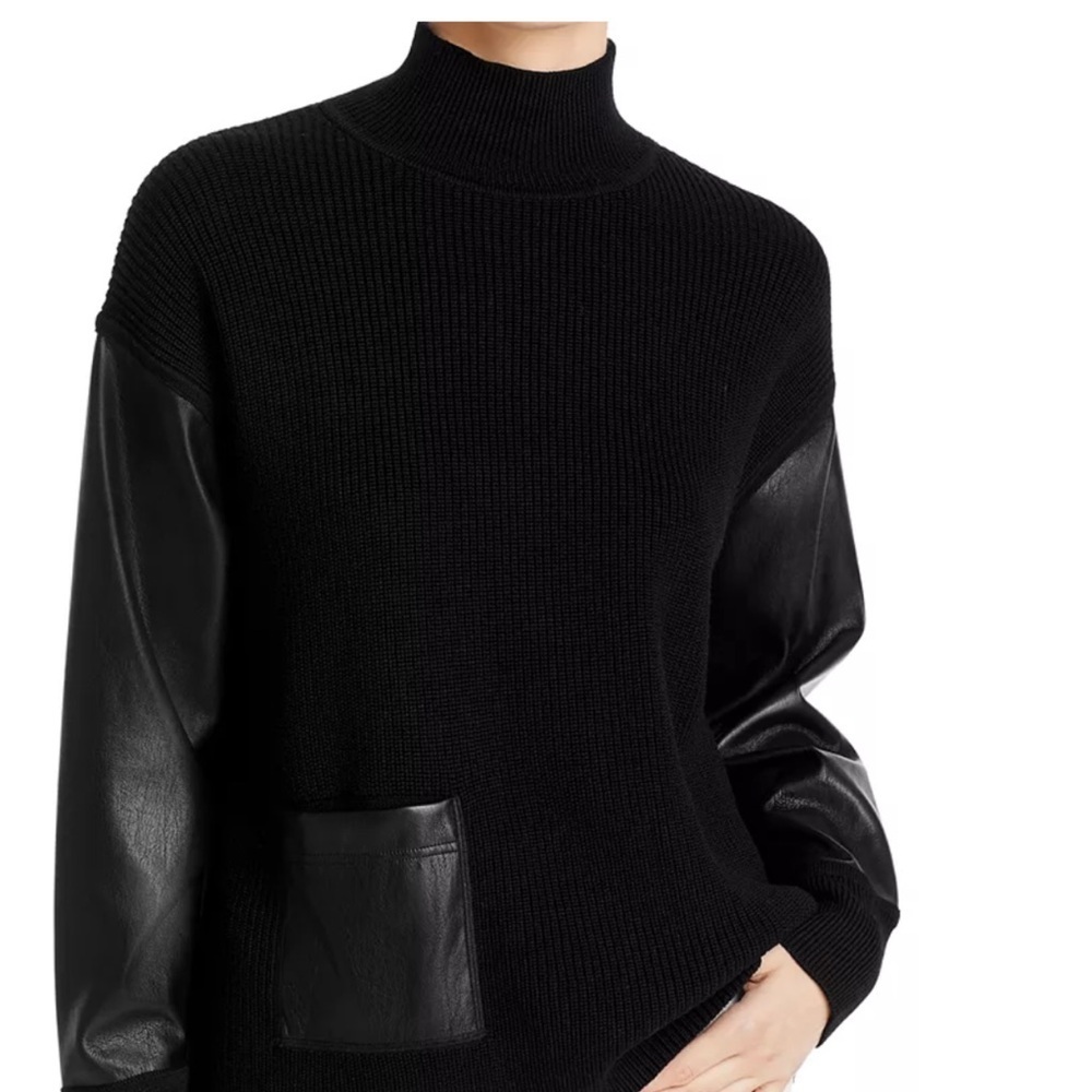 Hugo Boss Black Turtleneck Sweater with Leather Sleeves - Picture 2 of 10